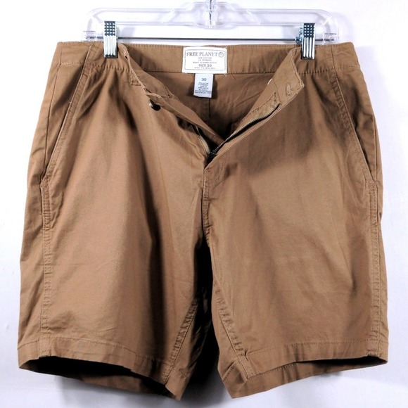 Free Planet Mens Size 30 Chino Shorts Cotton Spandex Brown Casual Flat Front - Picture 3 of 8